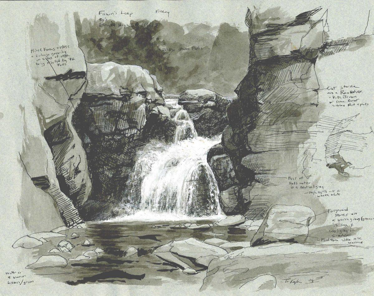 "Fawn's Leap Falls Study" by Thomas Kegler. Ink and gauche on toned paper, 9 inches by 12 inches. (Thomas Kegler)