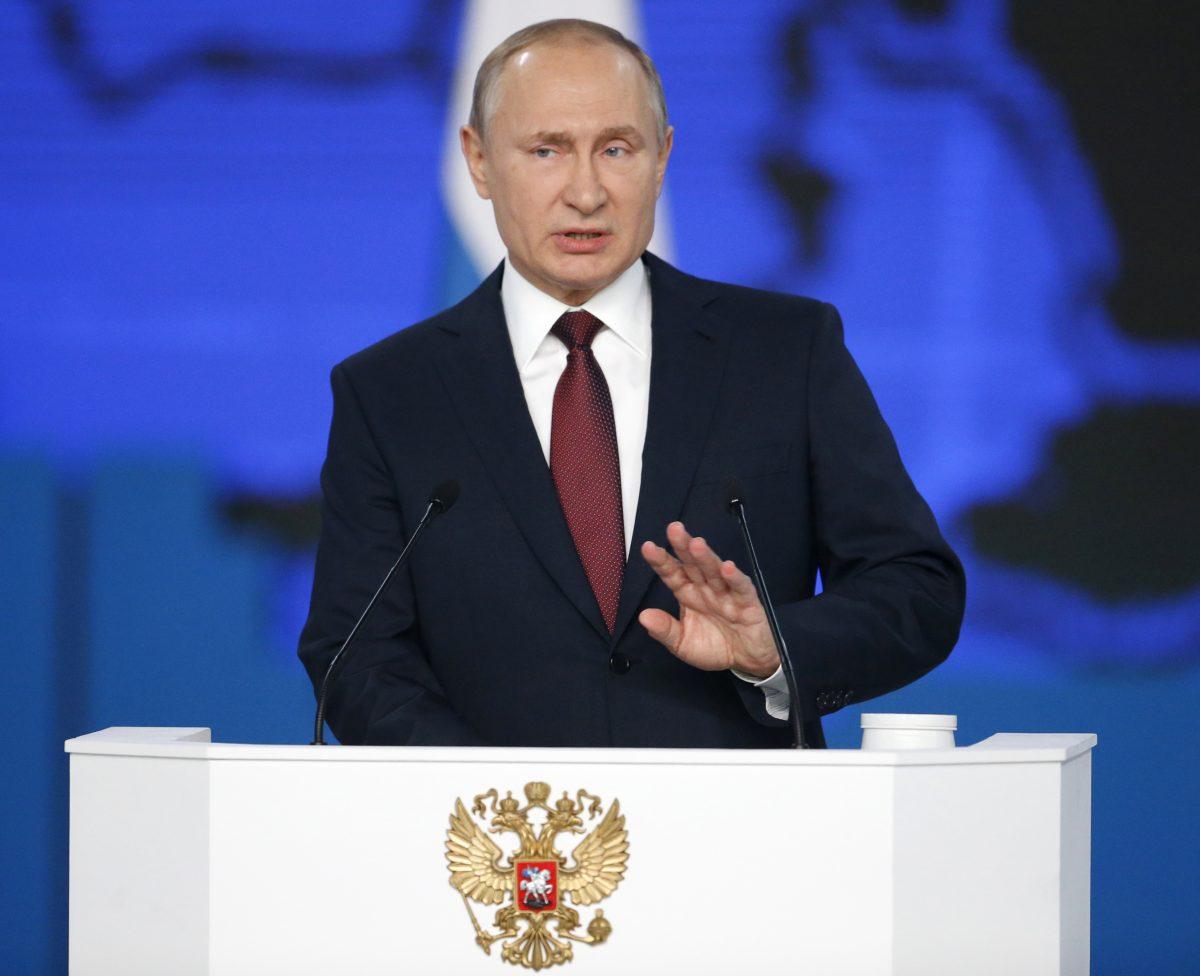 Russian President Vladimir Putin delivers a state-of-the-nation address in Moscow, Russia, on Feb. 20, 2019. Putin said Russia needs to focus on raising living standards. (AP Photo/Alexander Zemlianichenko)
