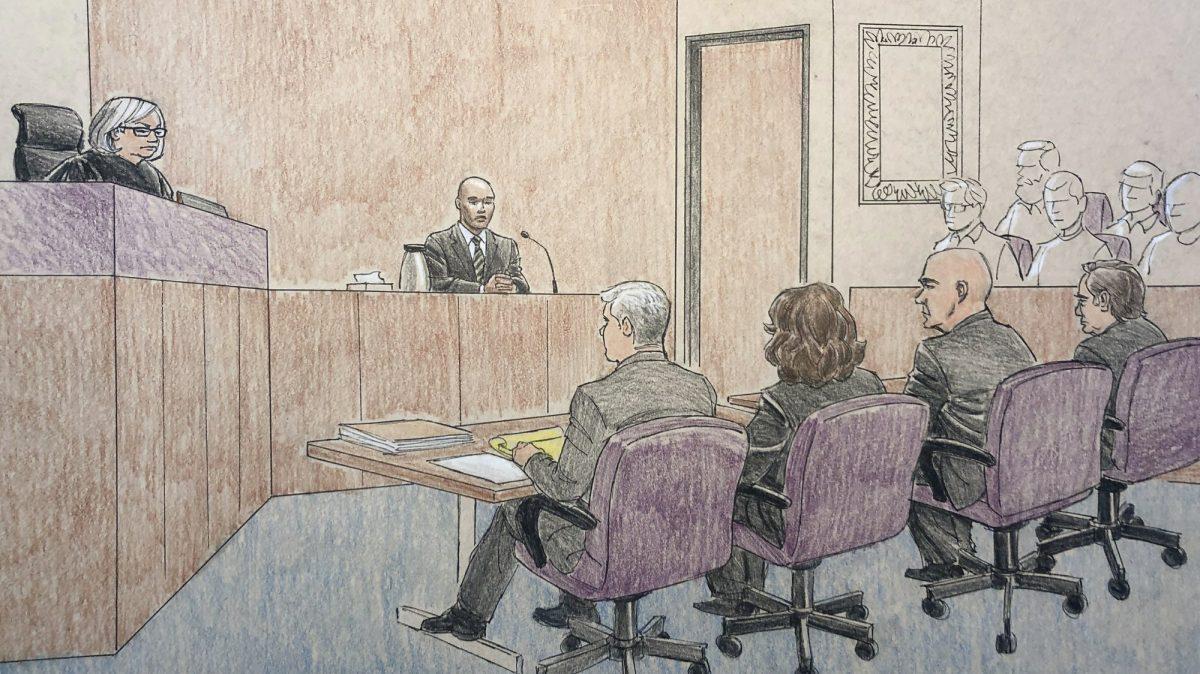 This courtroom sketch depicts former Minneapolis police officer Mohamed Noor, center, on the witness stand on April 25, 2019. (Cedric Hohnstadt/AP)