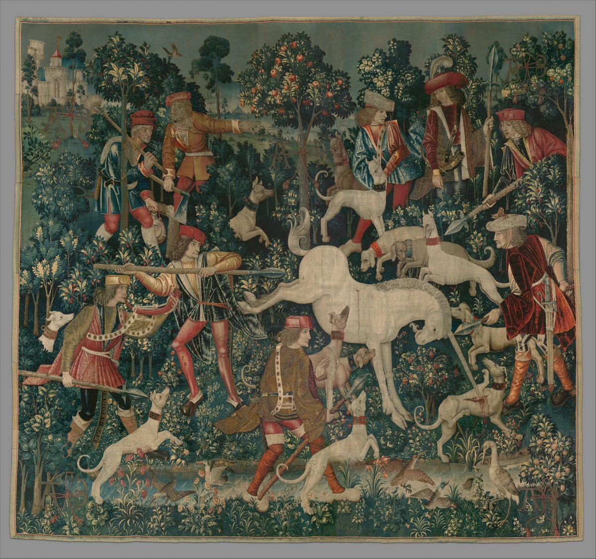 “The Unicorn Defends Itself,” 1495–1505, South Netherlandish. Wool warp with wool, silk, silver, and gilt wefts; 145 inches by 158 inches. Gift of John D. Rockefeller Jr., 1937, The Met Cloisters. (The Metropolitan Museum of Art )