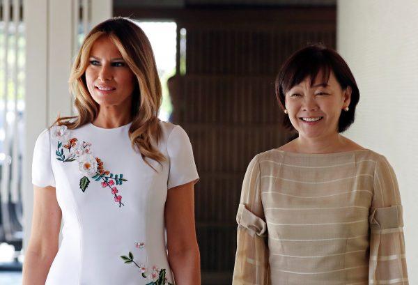 First Lady Melania Trump and Akie Abe, wife of Japanese Prime Minister Shinzo Abe, smile while walking together at Akasaka State Guest House in Tokyo, Japan, on May 27, 2019. (Athit Perawongmetha/Reuters)