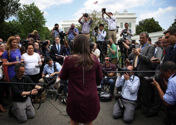White House press secretary Sarah Sanders speaks to the press on the driveway of the West Wing of the White House in Washington, on May 29, 2019. (Win McNamee/Getty Images)