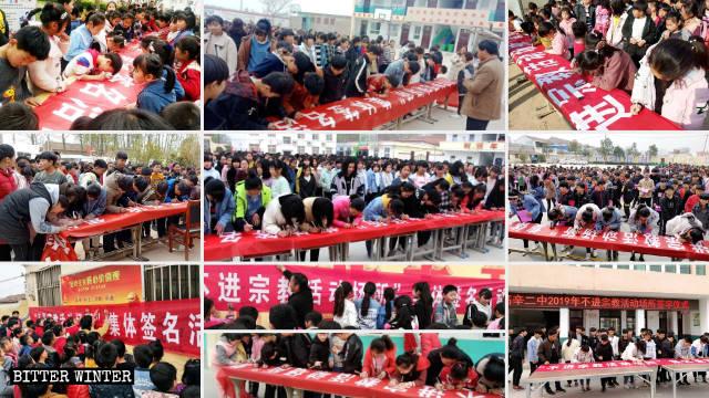 Students at primary and secondary schools in Gaoxin town sign their names on banners pledging not to enter any religious venues. (Courtesy of <a href="https://bitterwinter.org/the-grooming-of-chinese-atheists-starts-in-kindergartens/">Bitter Winter</a>)
