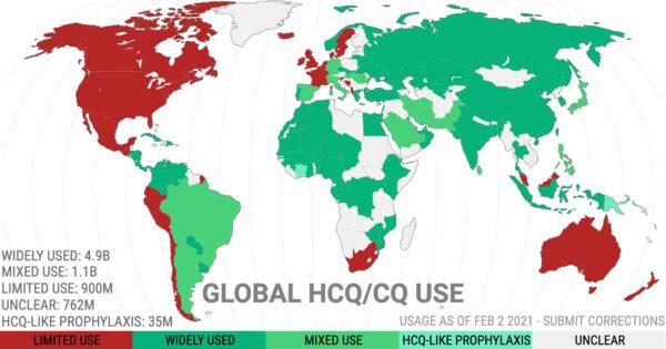 A map of where hydroxychloroquine is currently being used around the world for COVID-19 on March 1. (Courtesy of c19study.org)