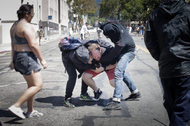 Antifa extremists attack a Trump supporter at Martin Luther King Jr. Park in Berkeley, Calif., on Aug. 27, 2017. (Elijah Nouvelage/Getty Images)