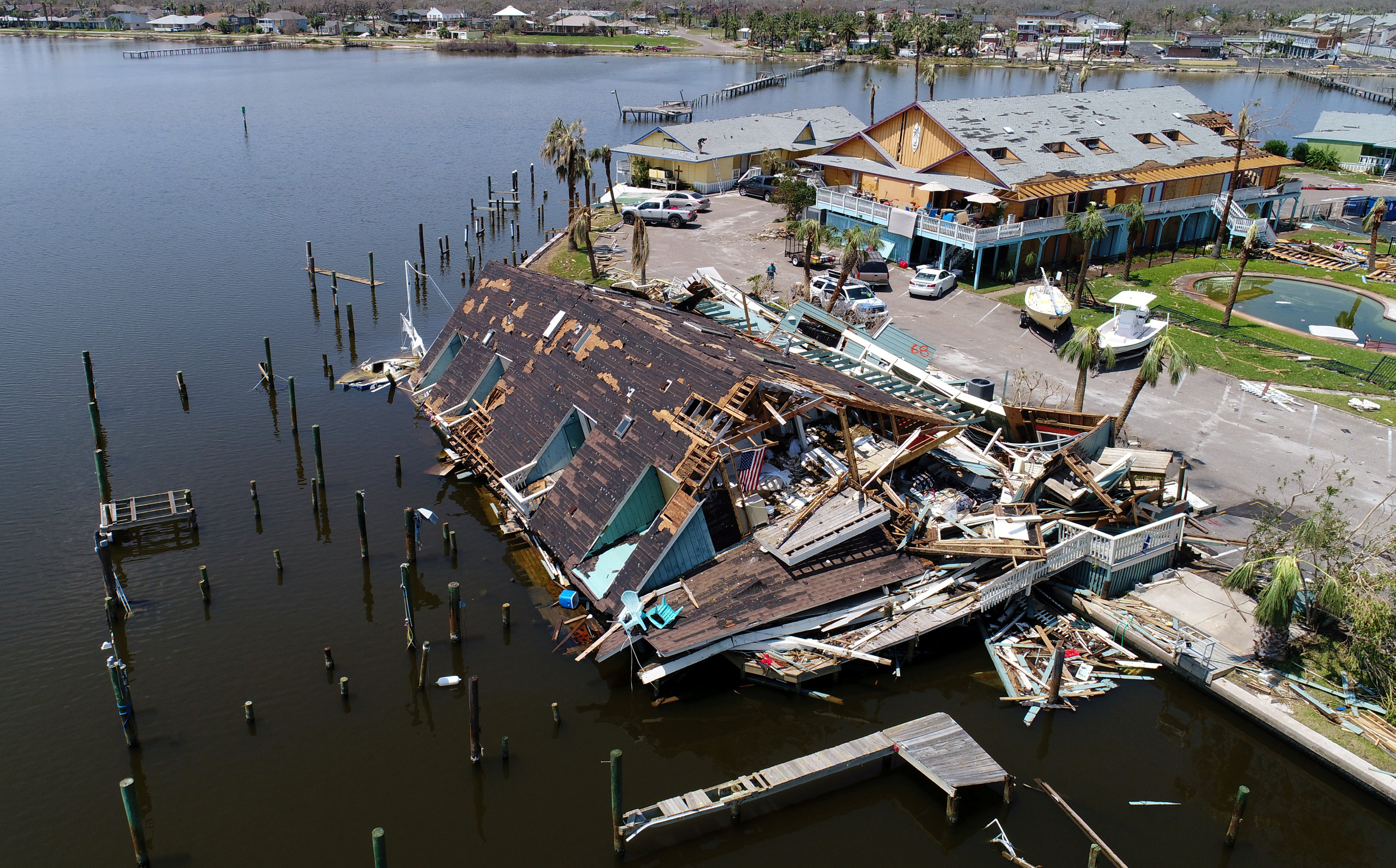 An aerial photo shows damage caused by Hurricane Harvey in Rockport, Texas on Aug. 31, 2017. (REUTERS/DroneBase)