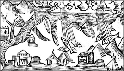 1555 engraving of raining fish. (Public domain)