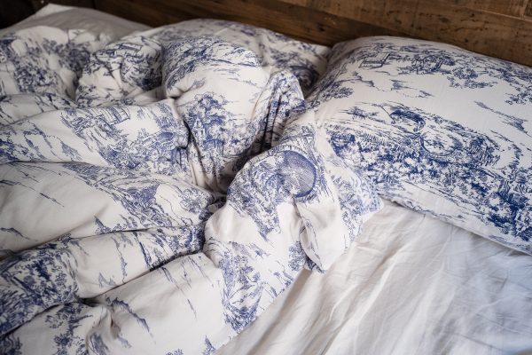 blue printed pillows and blanket
